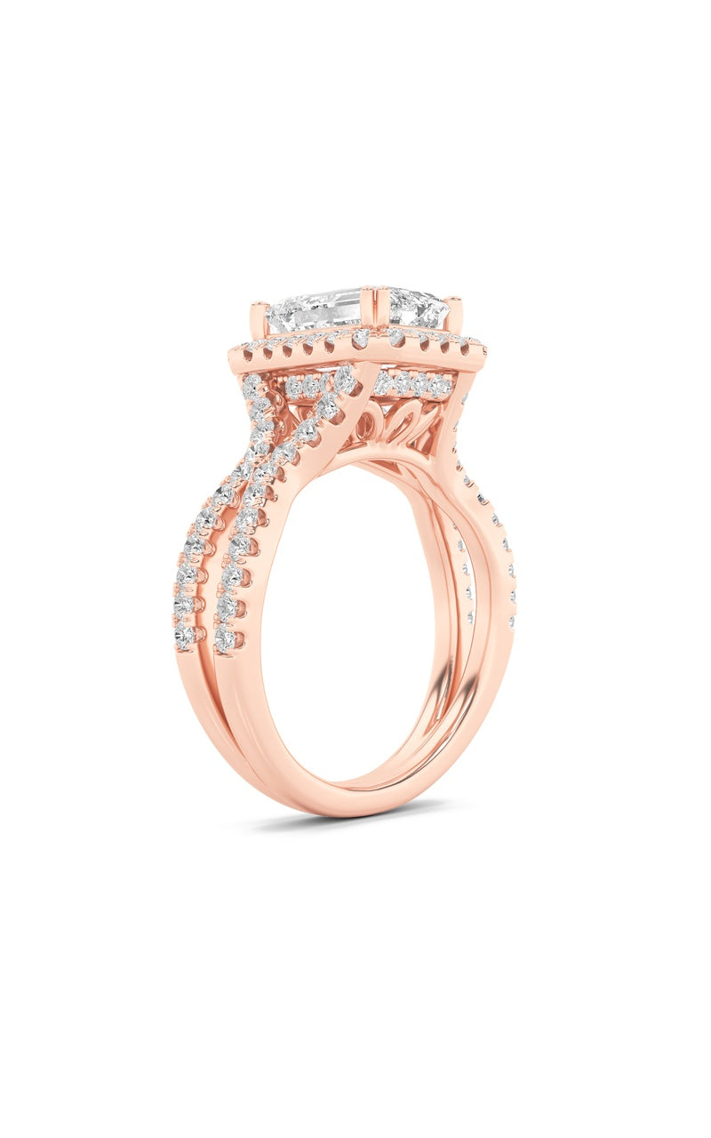 4CTW Emerald Shaped Lab Grown Diamond (F/VS) Split Shank Halo Engagement Ring in 14K Gold
