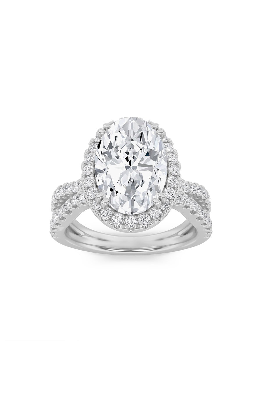 4Cttw Oval Shaped Lab Grown Diamond (F/VS) Split Shank Halo Engagement Ring in 14K Gold