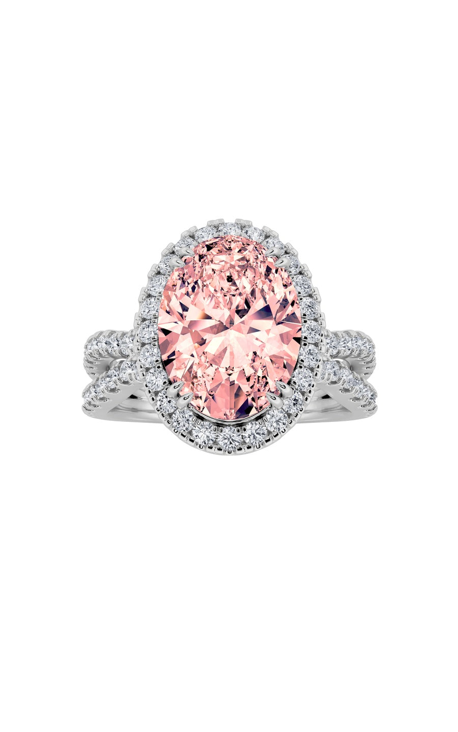 4Cttw Oval Shaped Lab Grown Diamond (F/VS) Split Shank Halo Engagement Ring in 14K Gold