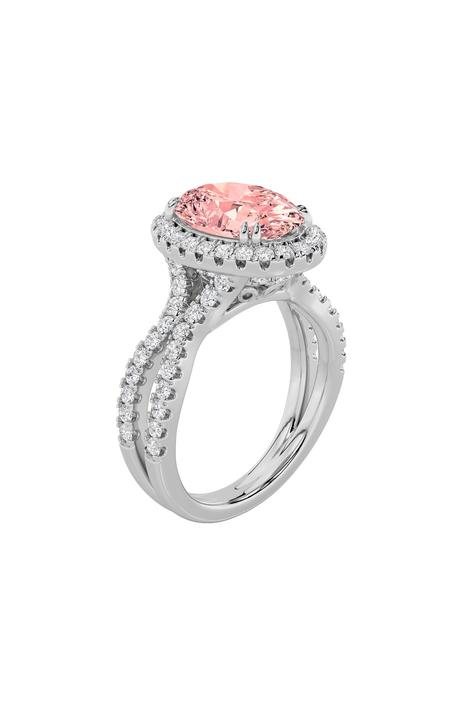 4Cttw Oval Shaped Lab Grown Diamond (F/VS) Split Shank Halo Engagement Ring in 14K Gold