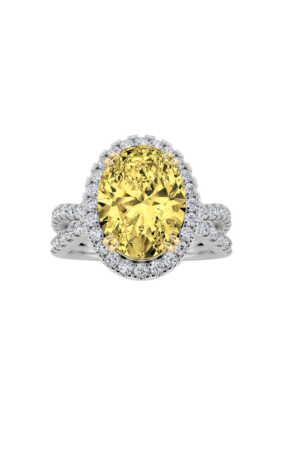 4Cttw Oval Shaped Lab Grown Diamond (F/VS) Split Shank Halo Engagement Ring in 14K Gold