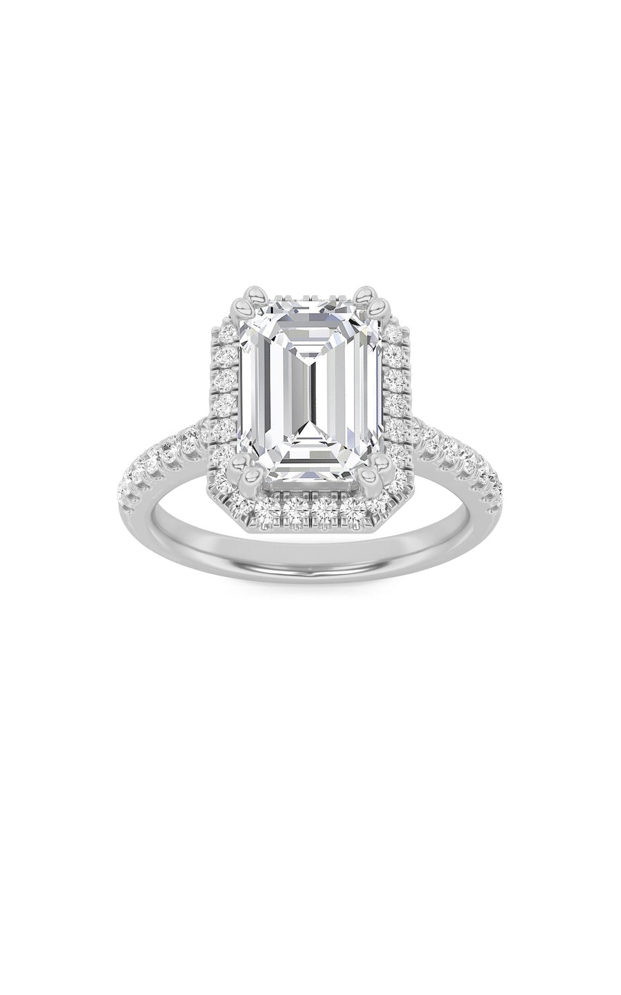 3Cttw Emerald Shaped Lab Grown Diamond (F/VS) Classic Halo Accented Engagement Ring in 14K Gold