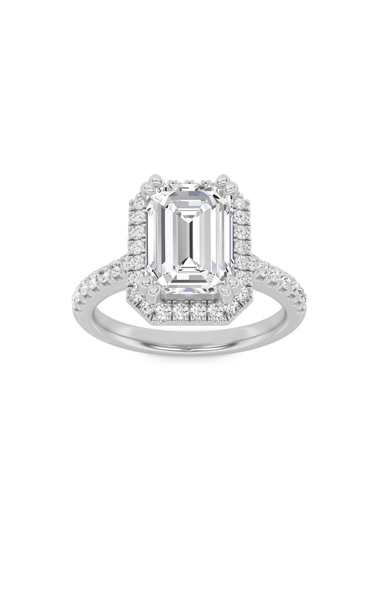 3Cttw Emerald Shaped Lab Grown Diamond (F/VS) Classic Halo Accented Engagement Ring in 14K Gold