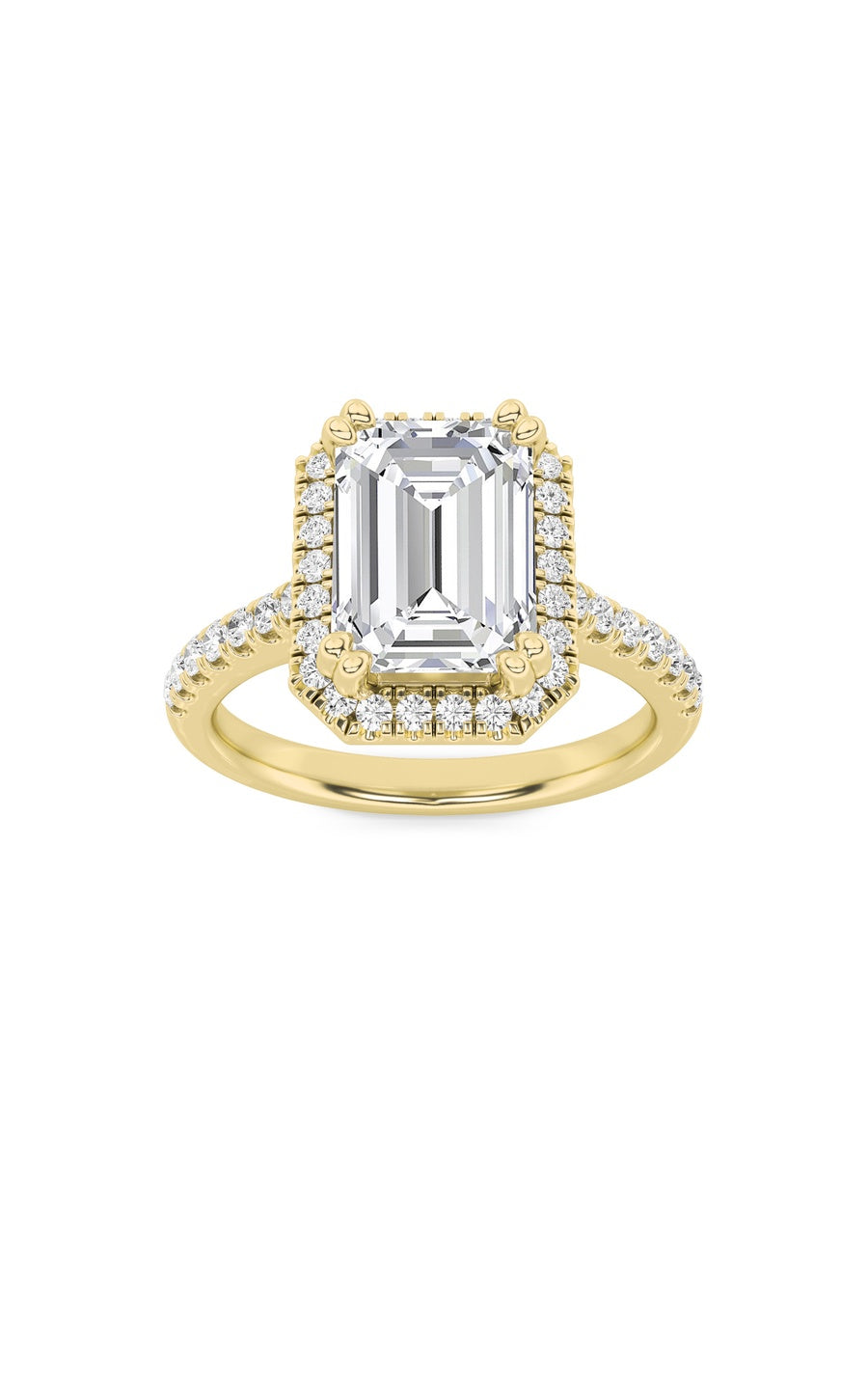 3Cttw Emerald Shaped Lab Grown Diamond (F/VS) Classic Halo Accented Engagement Ring in 14K Gold