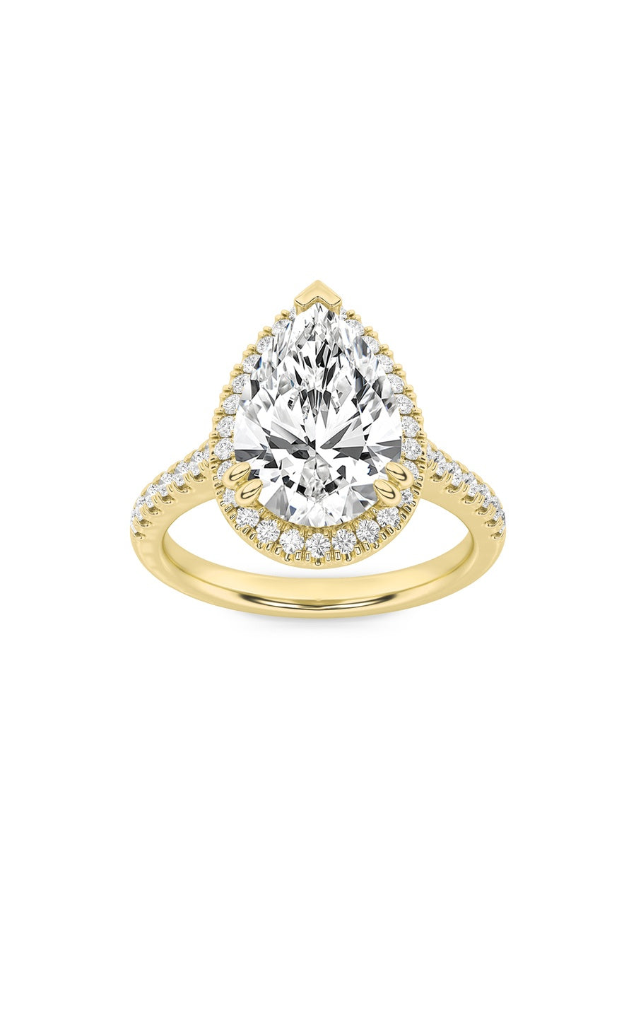 3Cttw Pear Shaped Lab Grown Diamond (F/VS) ClassicHalo Accented Engagement Ring in 14K Gold