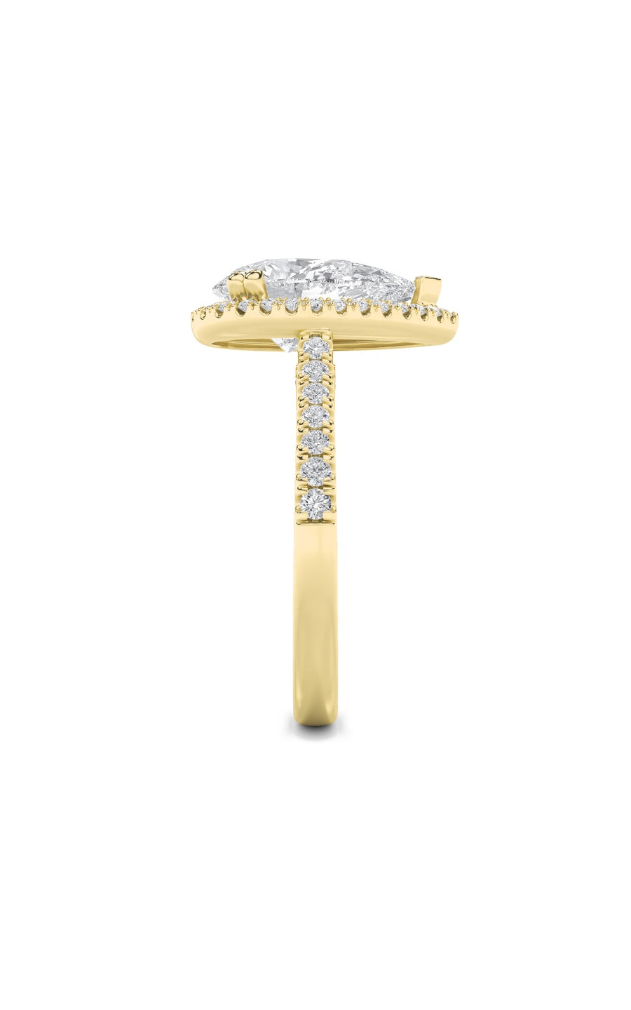 3Cttw Pear Shaped Lab Grown Diamond (F/VS) ClassicHalo Accented Engagement Ring in 14K Gold
