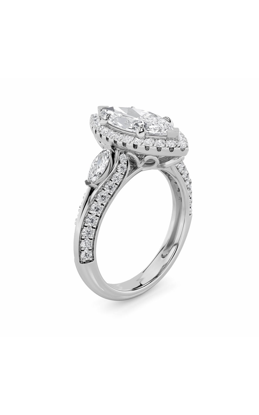 3Cttw Marquise Shaped Lab Grown Diamond (F/VS) Three Stone Halo Enagement Ring in 14K Gold