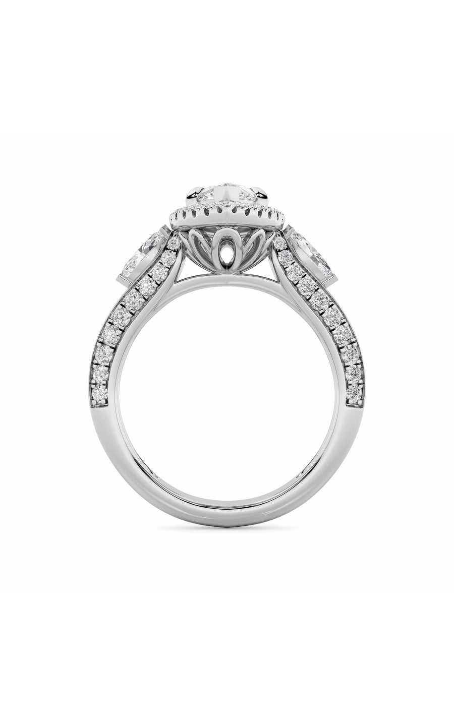 3Cttw Marquise Shaped Lab Grown Diamond (F/VS) Three Stone Halo Enagement Ring in 14K Gold