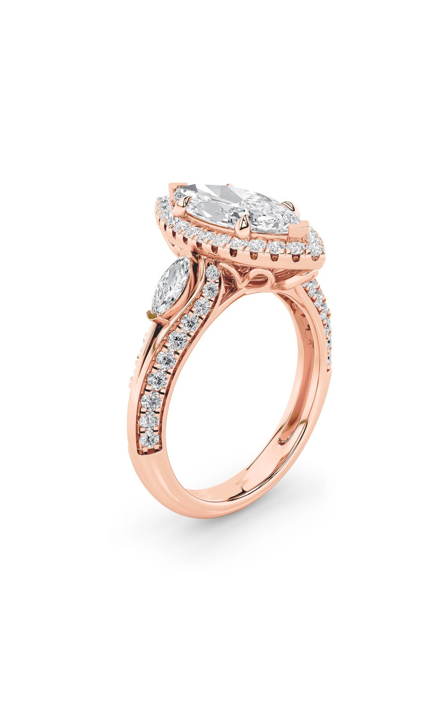 3Cttw Marquise Shaped Lab Grown Diamond (F/VS) Three Stone Halo Enagement Ring in 14K Gold