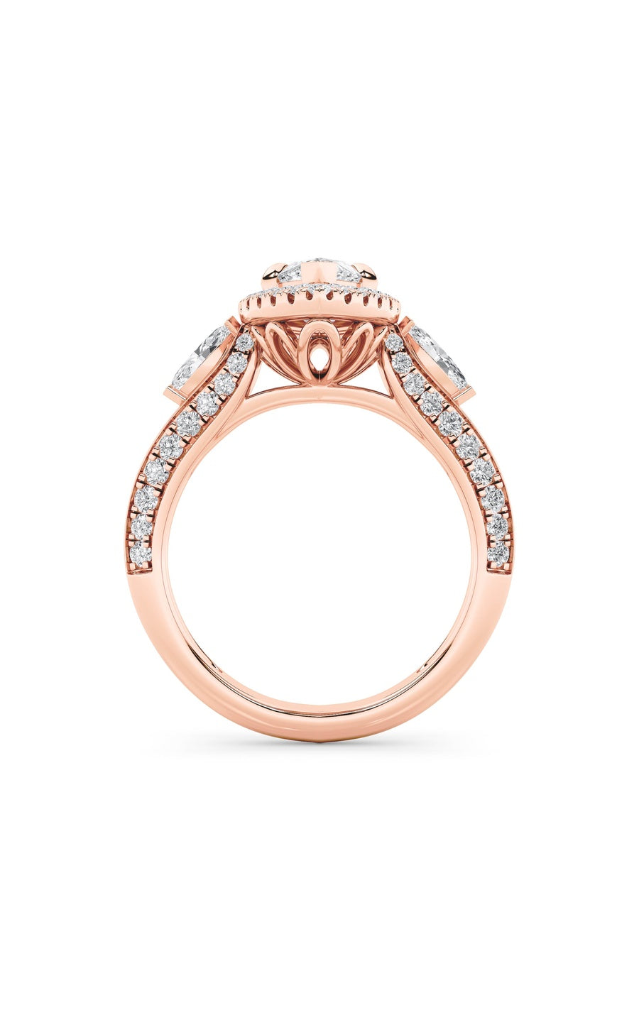 3Cttw Marquise Shaped Lab Grown Diamond (F/VS) Three Stone Halo Enagement Ring in 14K Gold