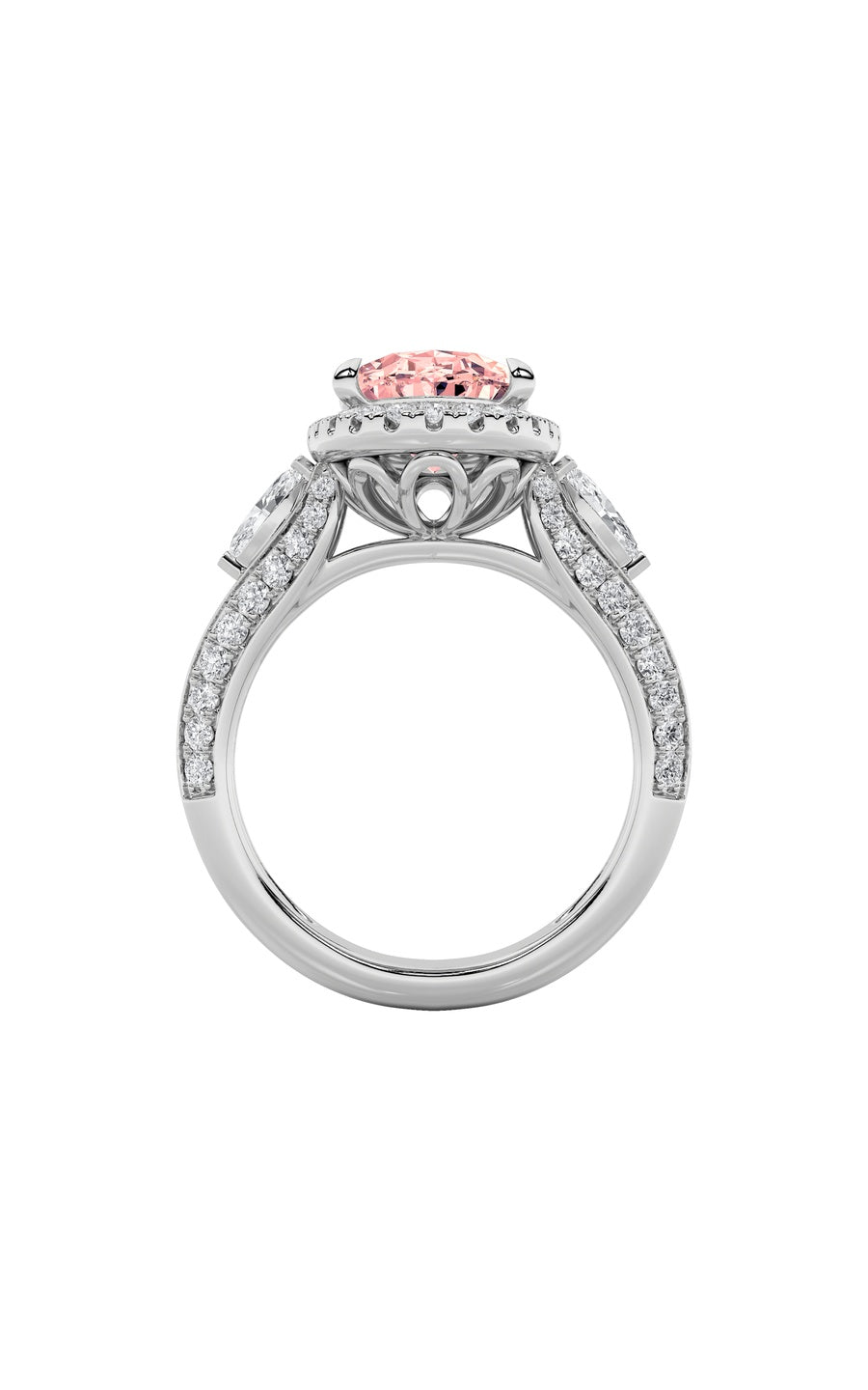 3Cttw Oval Shaped Lab Grown Diamond (F/VS) Three Stone Halo Enagement Ring in 14K Gold