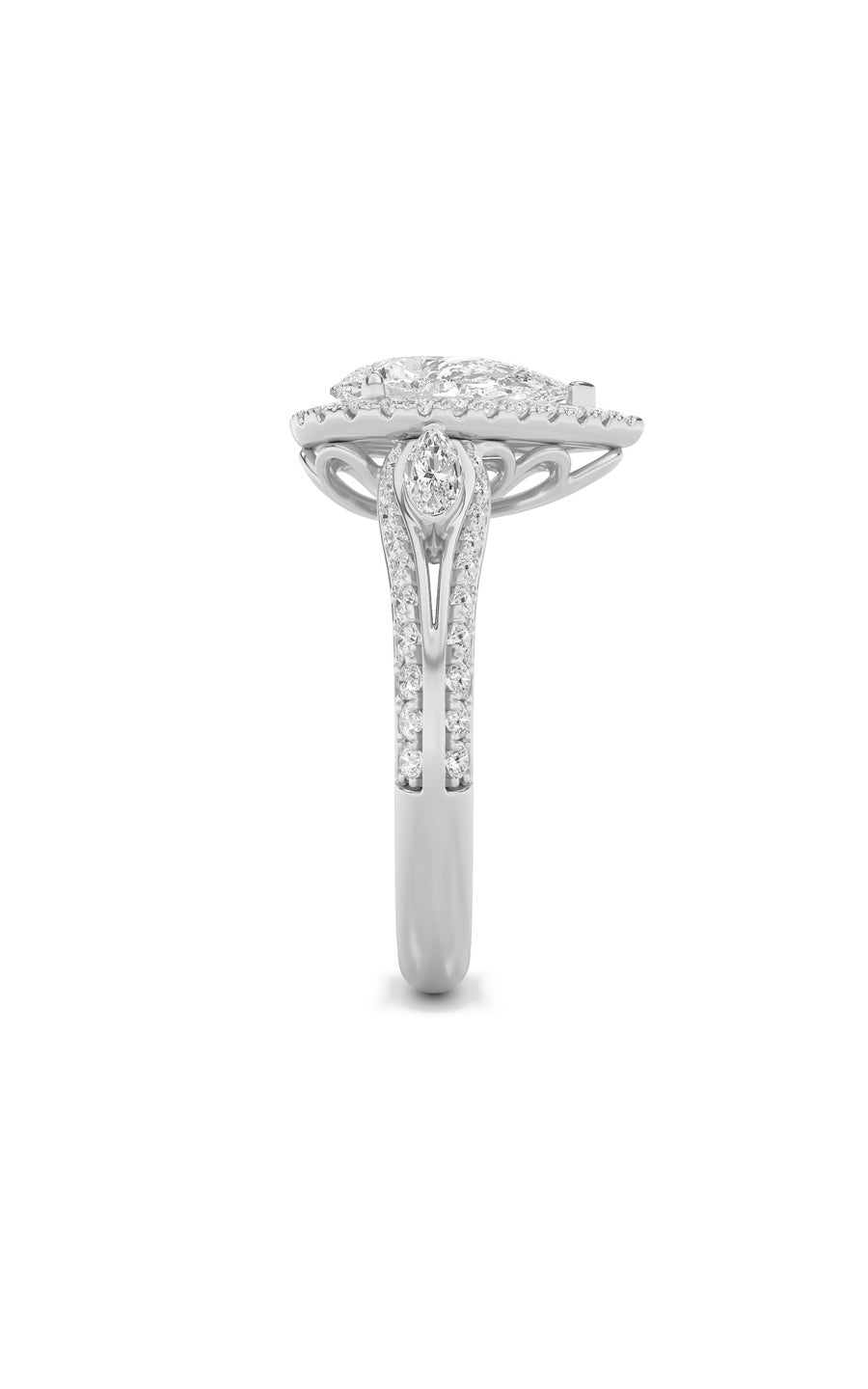 3Cttw Pear Shaped Lab Grown Diamond (F/VS) Three Stone Halo Enagement Ring in 14K Gold