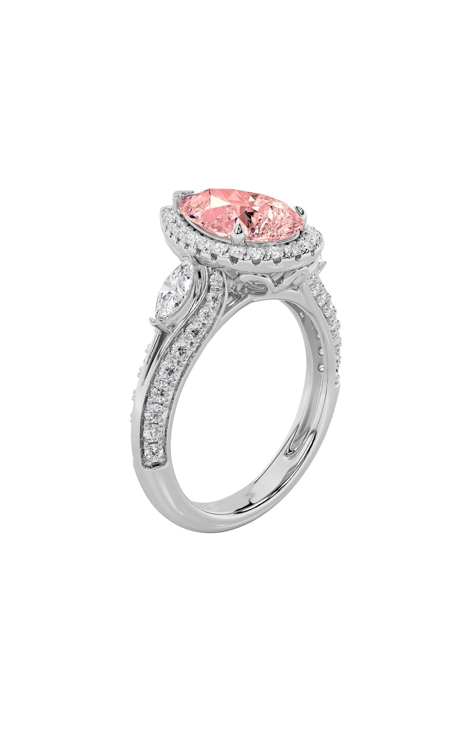 3CTW Pear Shaped Lab Grown Diamond (F/VS) Three Stone Halo Enagement Ring in 14K Gold