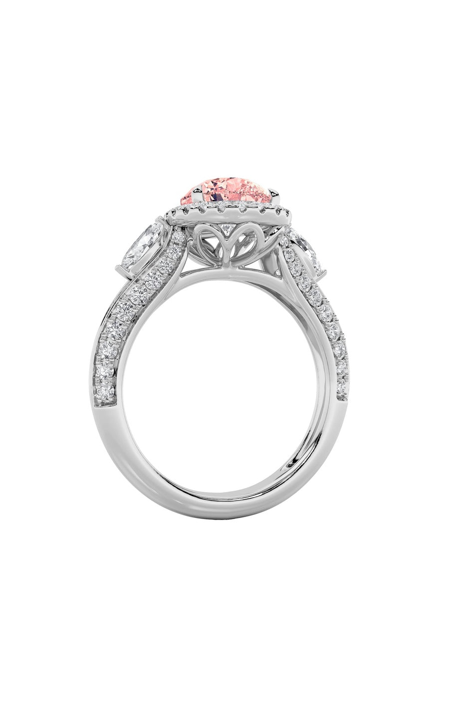 3CTW Pear Shaped Lab Grown Diamond (F/VS) Three Stone Halo Enagement Ring in 14K Gold