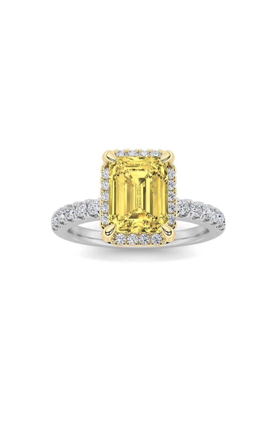 2CTW Emerald Shaped Lab Grown Diamond (F/VS) Halo Accented Engagement Ring in 14K Gold