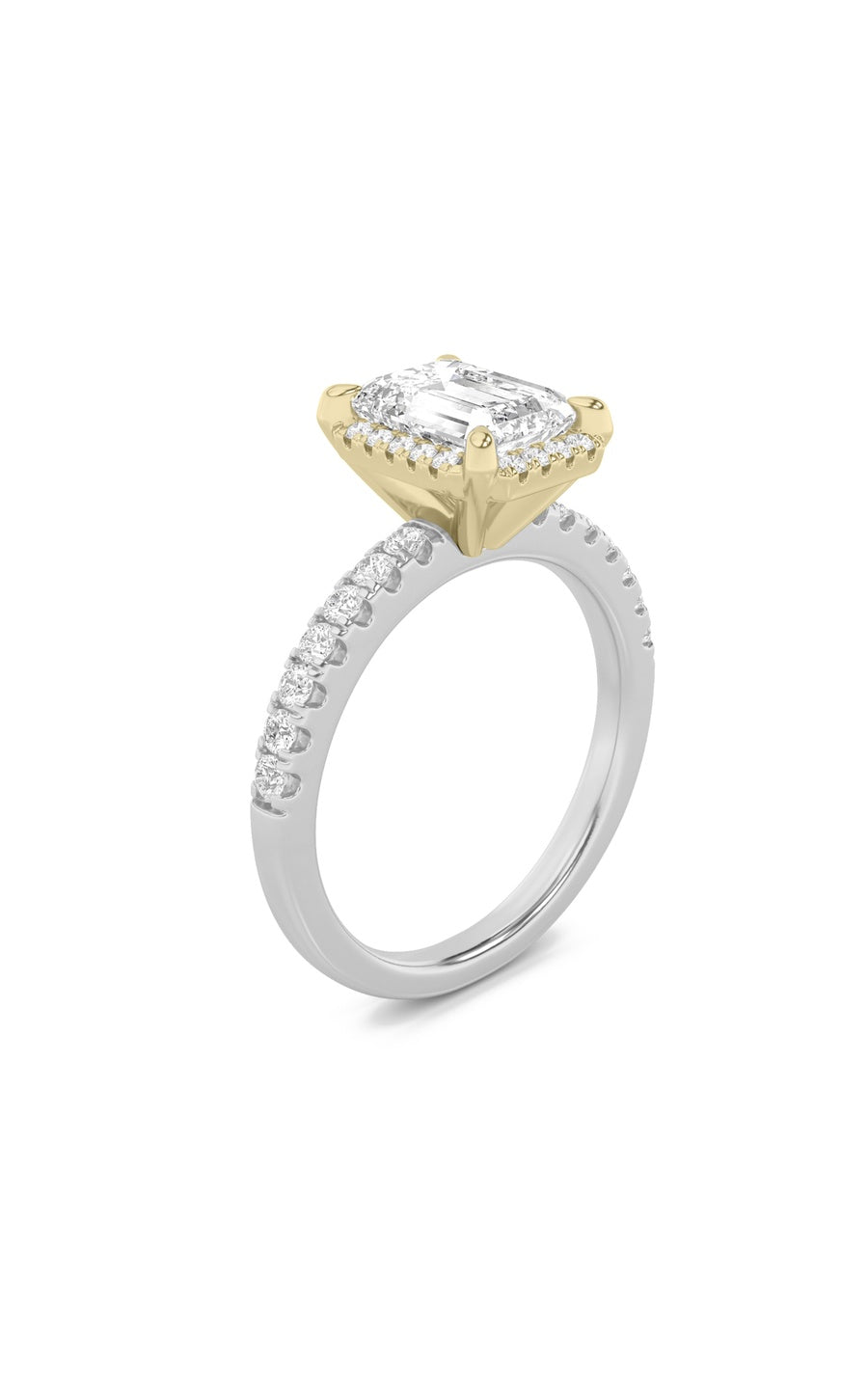 2CTW Emerald Shaped Lab Grown Diamond (F/VS) Halo Accented Engagement Ring in 14K Gold