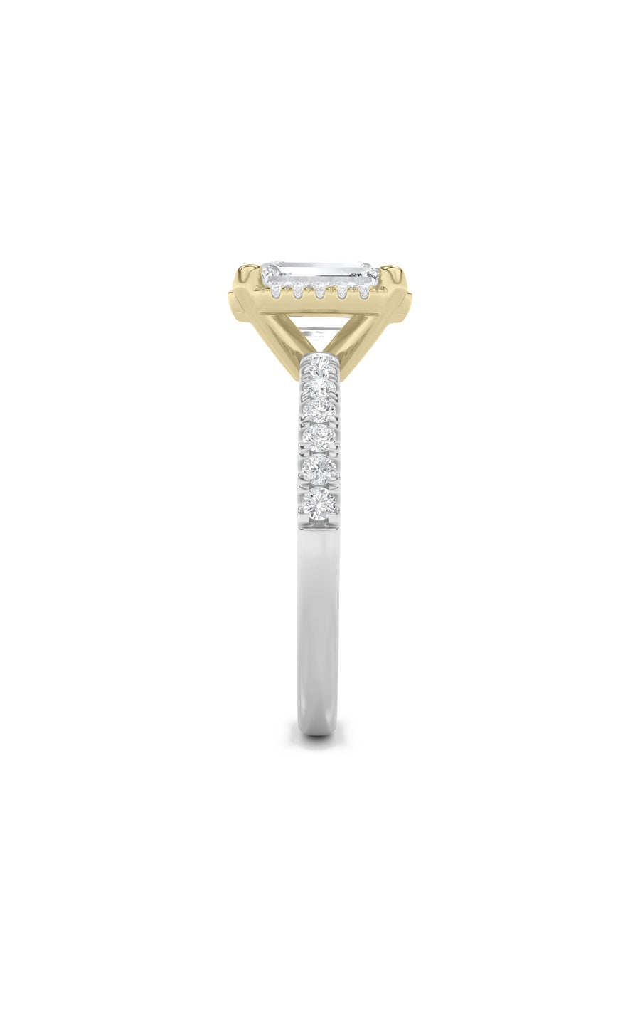 2CTW Emerald Shaped Lab Grown Diamond (F/VS) Halo Accented Engagement Ring in 14K Gold