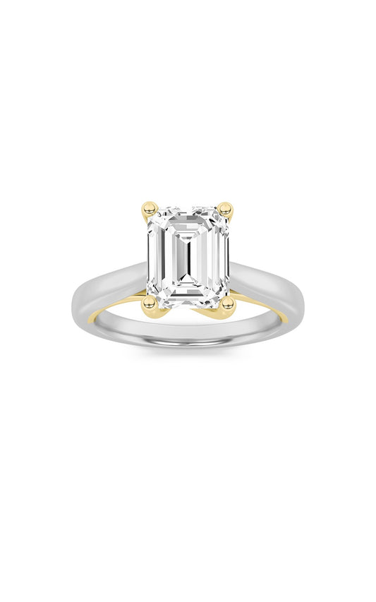 2.5Cttw Emerald Shaped Lab Grown Diamond (F/VS) Two Tone Cathedral Shank Engagement Ring in 14K Gold
