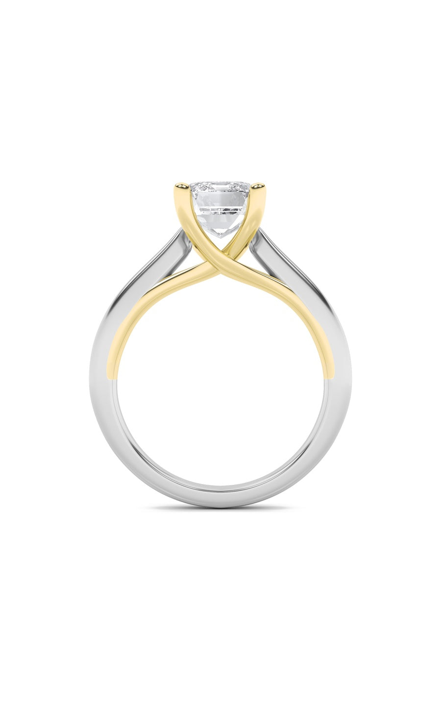 3Cttw Emerald Shaped Lab Grown Diamond (F/VS) TwoTone Cathedral Shank Engagement Ring in 14K Gold