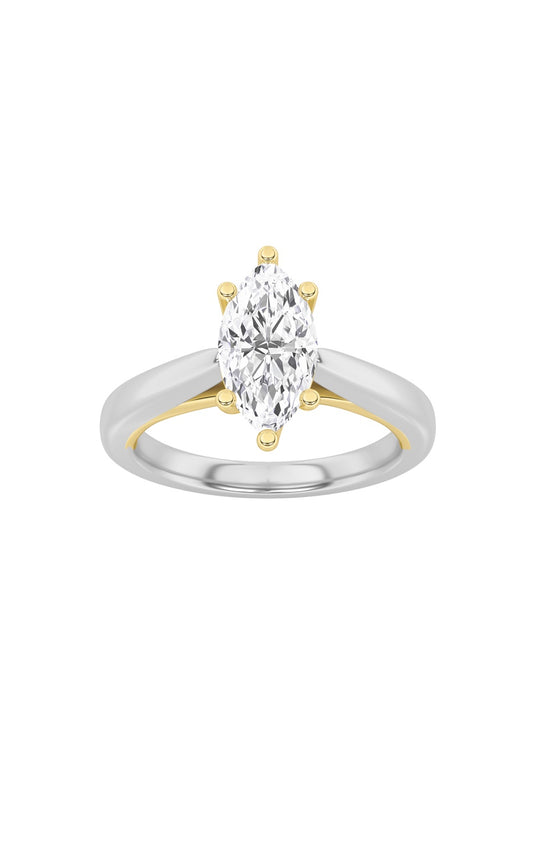 1Cttw Marquise Shaped Lab Grown Diamond (F/VS) TwoTone Six Prong Engagement Ring in 14K Gold