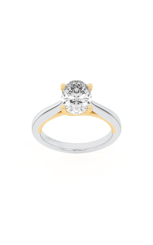 2Cttw Oval Shaped Lab Grown Diamond (F/VS) Two Tone Cathedral Shank Engagement Ring in 14K Gold