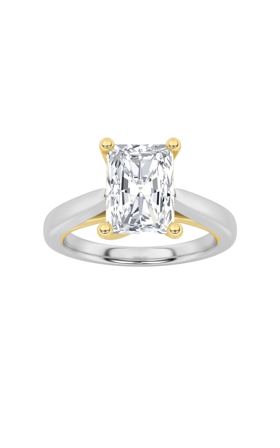 3Cttw Radiant Shaped Lab Grown Diamond (F/VS) TwoTone Cathedral Shank Engagement Ring in 14K Gold