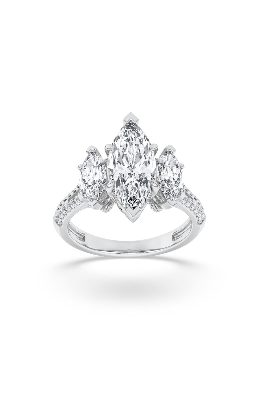4Cttw Marquise Shaped Lab Grown Diamond (G/VS) Three Stone Accented Engagement Ring in 14K Gold