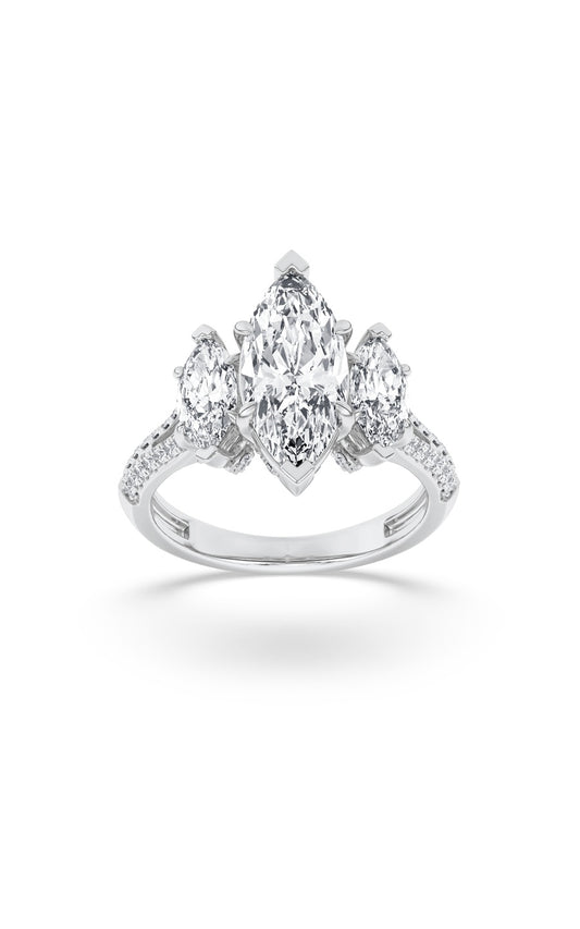 4Cttw Marquise Shaped Lab Grown Diamond (G/VS) Three Stone Accented Engagement Ring in 14K Gold