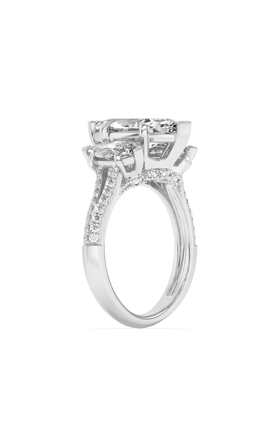 4Cttw Marquise Shaped Lab Grown Diamond (G/VS) Three Stone Accented Engagement Ring in 14K Gold