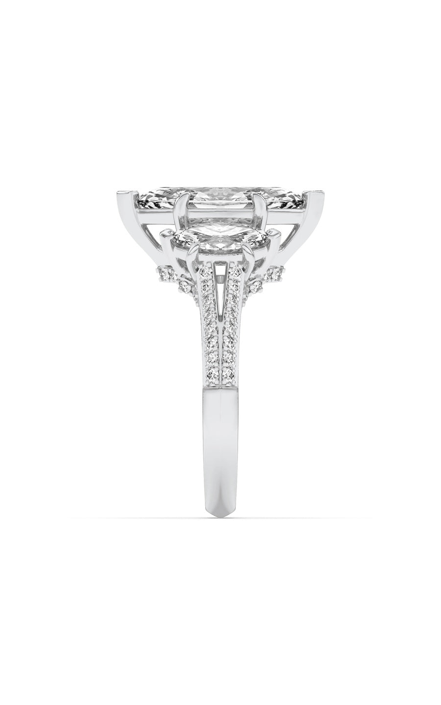 4Cttw Marquise Shaped Lab Grown Diamond (G/VS) Three Stone Accented Engagement Ring in 14K Gold