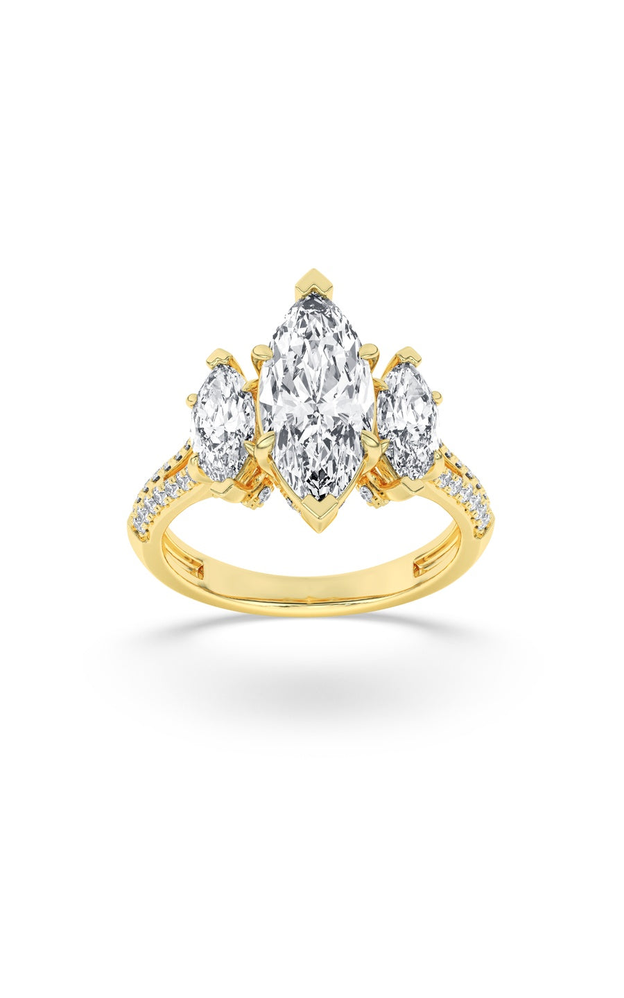 4Cttw Marquise Shaped Lab Grown Diamond (G/VS) Three Stone Accented Engagement Ring in 14K Gold