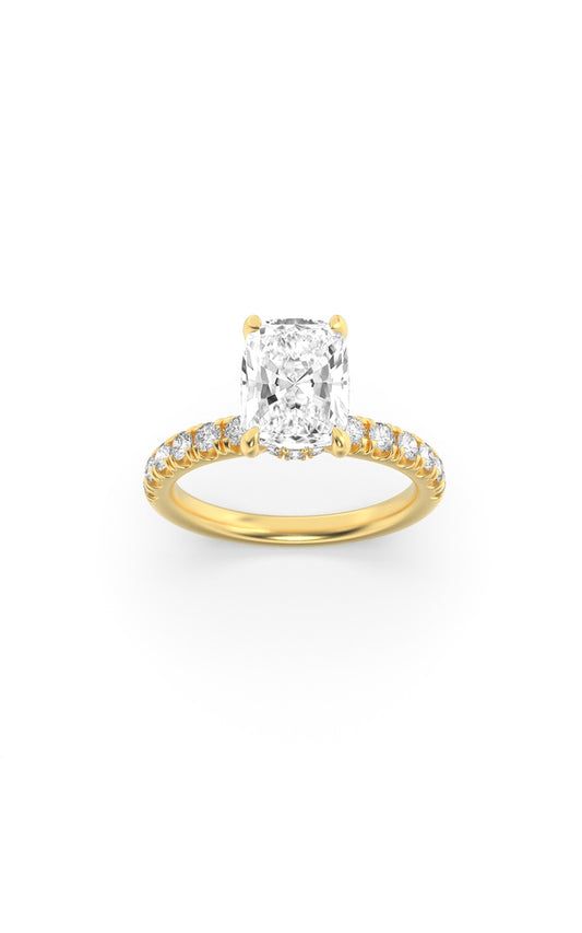 3Cttw Elongated Cushion Shaped Lab Grown Diamond (F/VS) Classic Hidden Halo Accented Solitaire Engagement Ring in 14K Gold