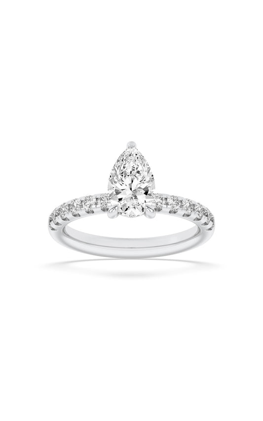 2Cttw Pear Shaped Lab Grown Diamond (F/VS) HiddenHalo Accented Ring in 14K Gold