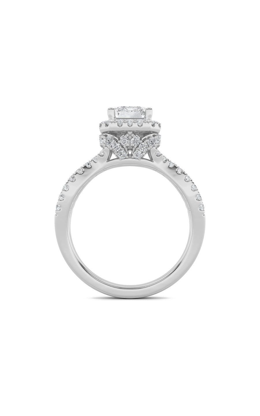 2Cttw Emerald Shaped Lab Grown Diamond (G/VS) Split Shank Halo Accented Engagement Ring in 14K Gold