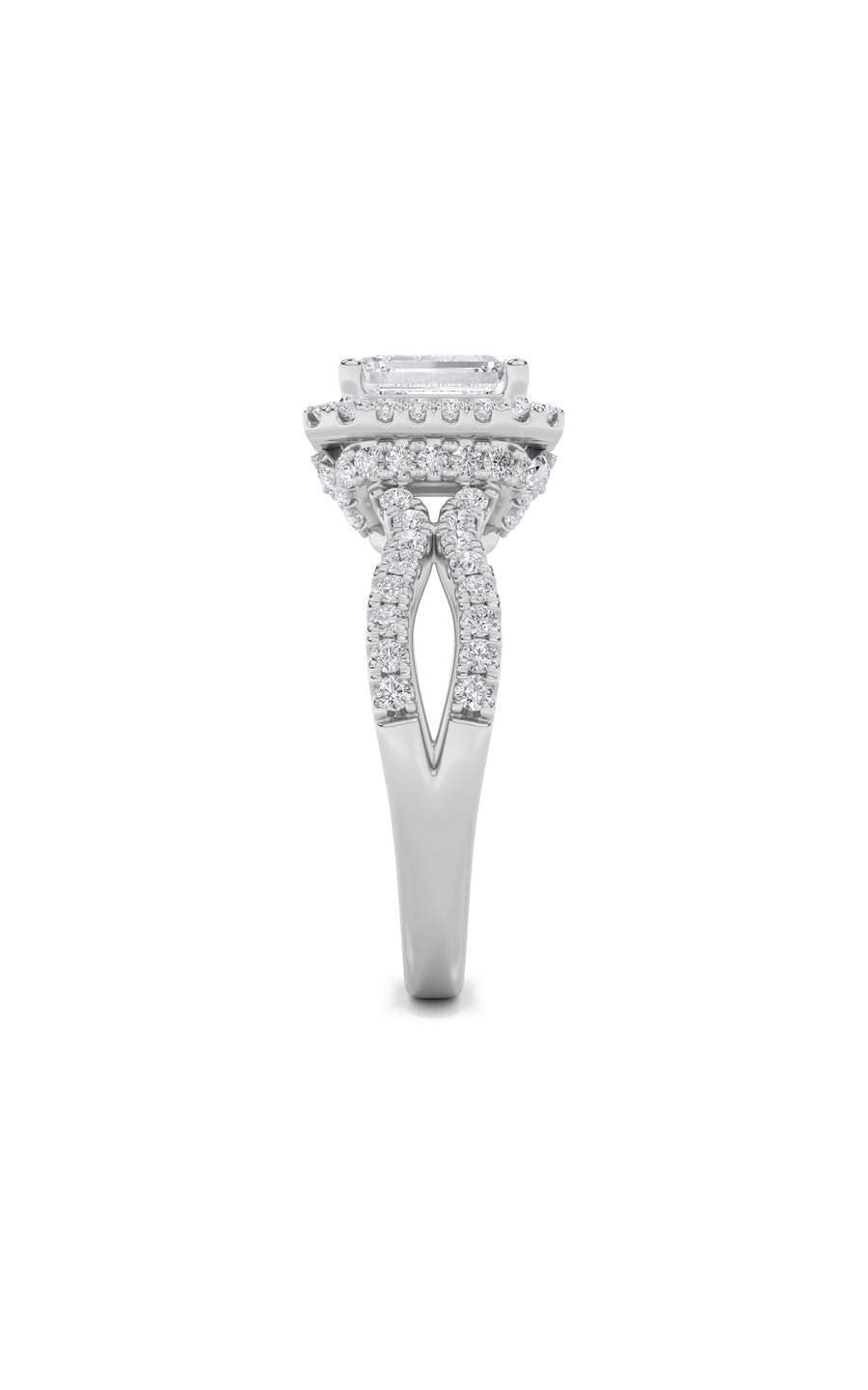 2Cttw Emerald Shaped Lab Grown Diamond (G/VS) Split Shank Halo Accented Engagement Ring in 14K Gold