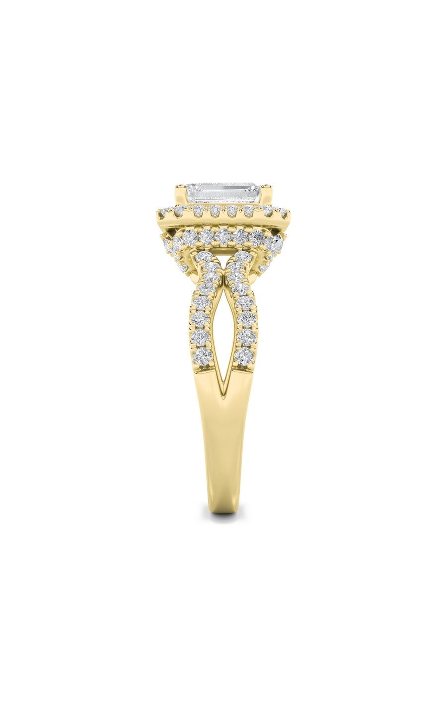 2Cttw Emerald Shaped Lab Grown Diamond (G/VS) Split Shank Halo Accented Engagement Ring in 14K Gold