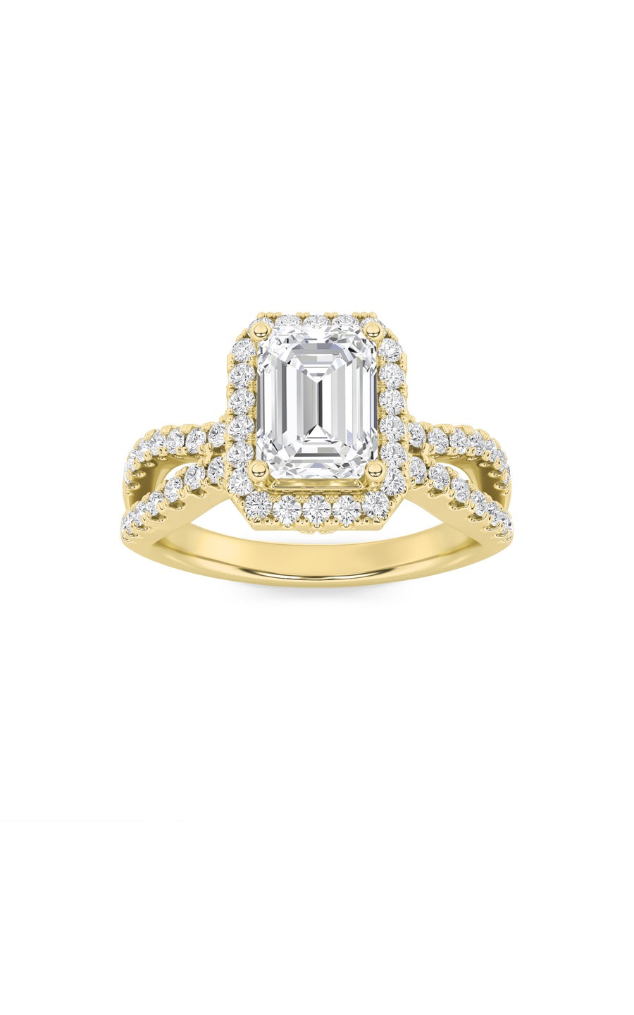2Cttw Emerald Shaped Lab Grown Diamond (G/VS) Split Shank Halo Accented Engagement Ring in 14K Gold