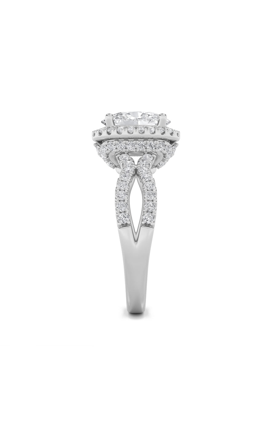 2Cttw Oval Shaped Lab Grown Diamond (F/VS) Split Shank Halo Accented Engagement Ring in 14K Gold