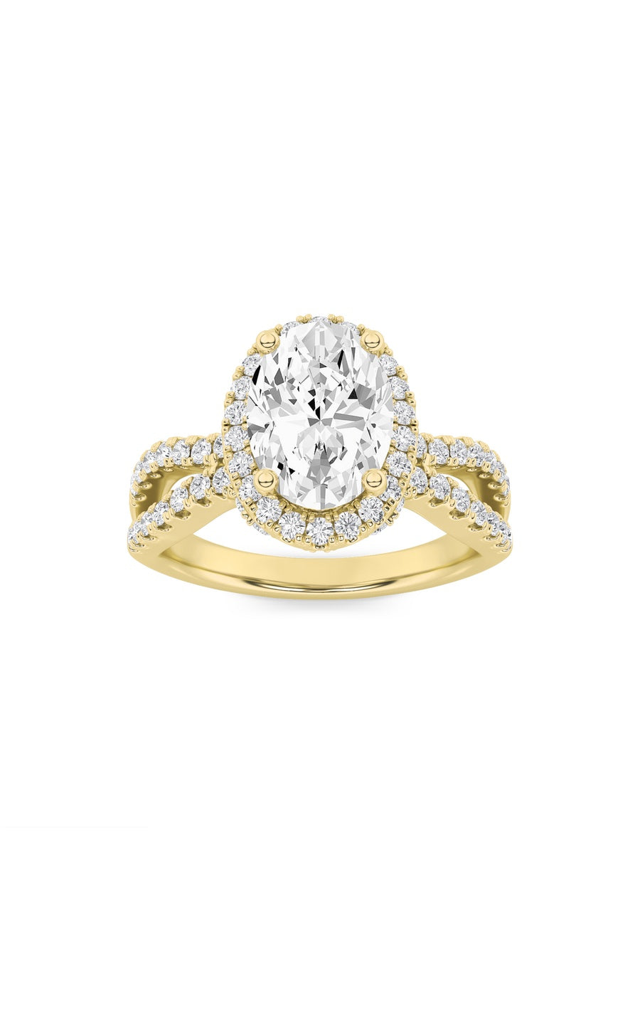 2Cttw Oval Shaped Lab Grown Diamond (F/VS) Split Shank Halo Accented Engagement Ring in 14K Gold
