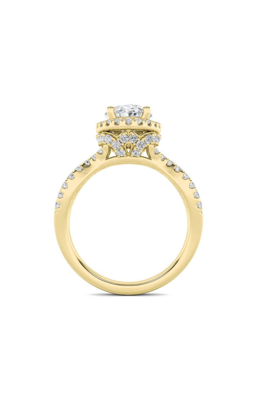 2Cttw Oval Shaped Lab Grown Diamond (F/VS) Split Shank Halo Accented Engagement Ring in 14K Gold