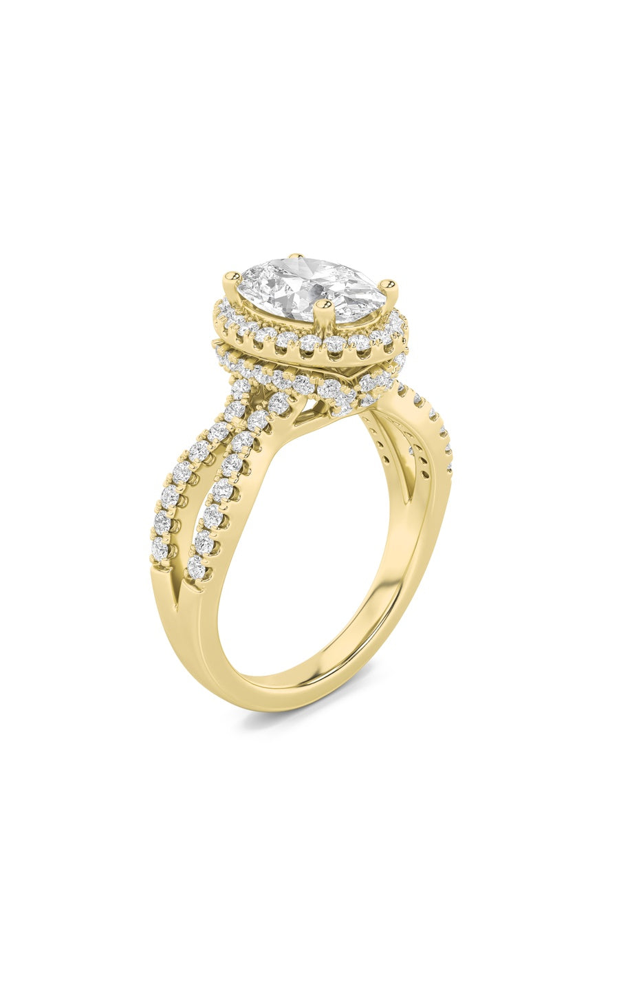 2Cttw Oval Shaped Lab Grown Diamond (F/VS) Split Shank Halo Accented Engagement Ring in 14K Gold