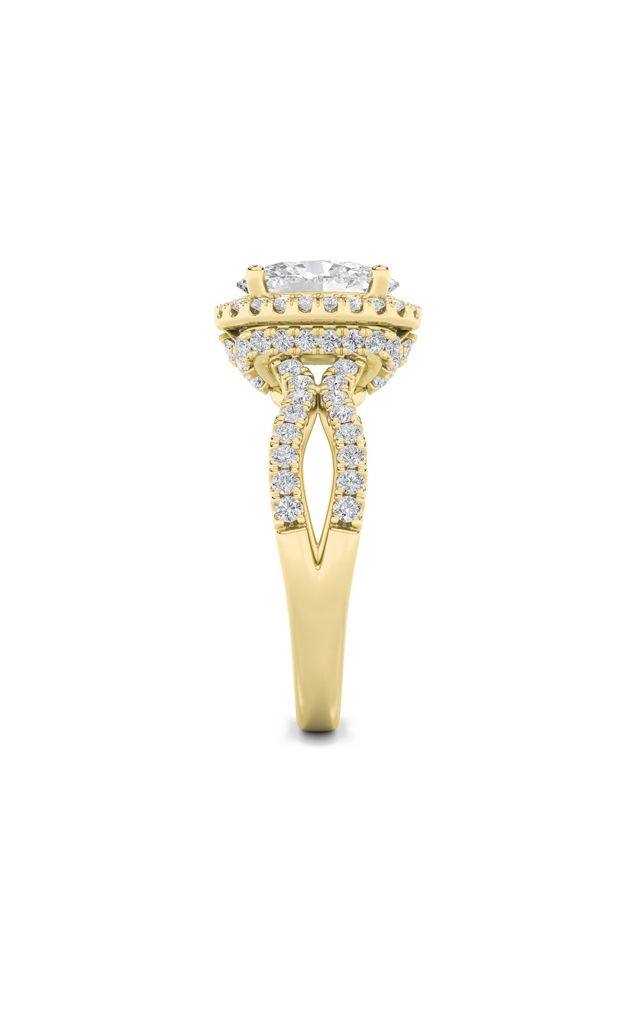 2Cttw Oval Shaped Lab Grown Diamond (F/VS) Split Shank Halo Accented Engagement Ring in 14K Gold