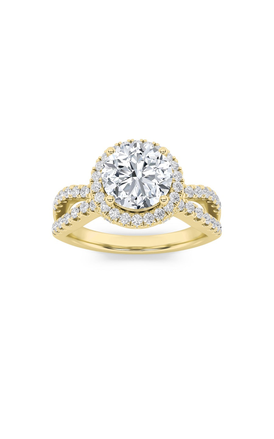 2Cttw Round Shaped Lab Grown Diamond (F/VS) SplitShank Halo Accented Engagement Ring in 14K Gold