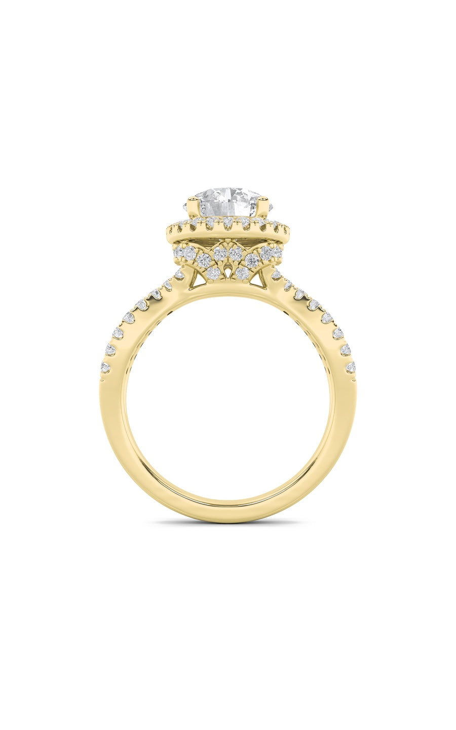 2Cttw Round Shaped Lab Grown Diamond (F/VS) SplitShank Halo Accented Engagement Ring in 14K Gold