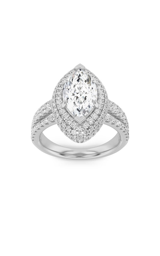 3Cttw Marquise Shaped Lab Grown Diamond (F/VS) Three Row Accented Halo Engagement Ring in 14K Gold