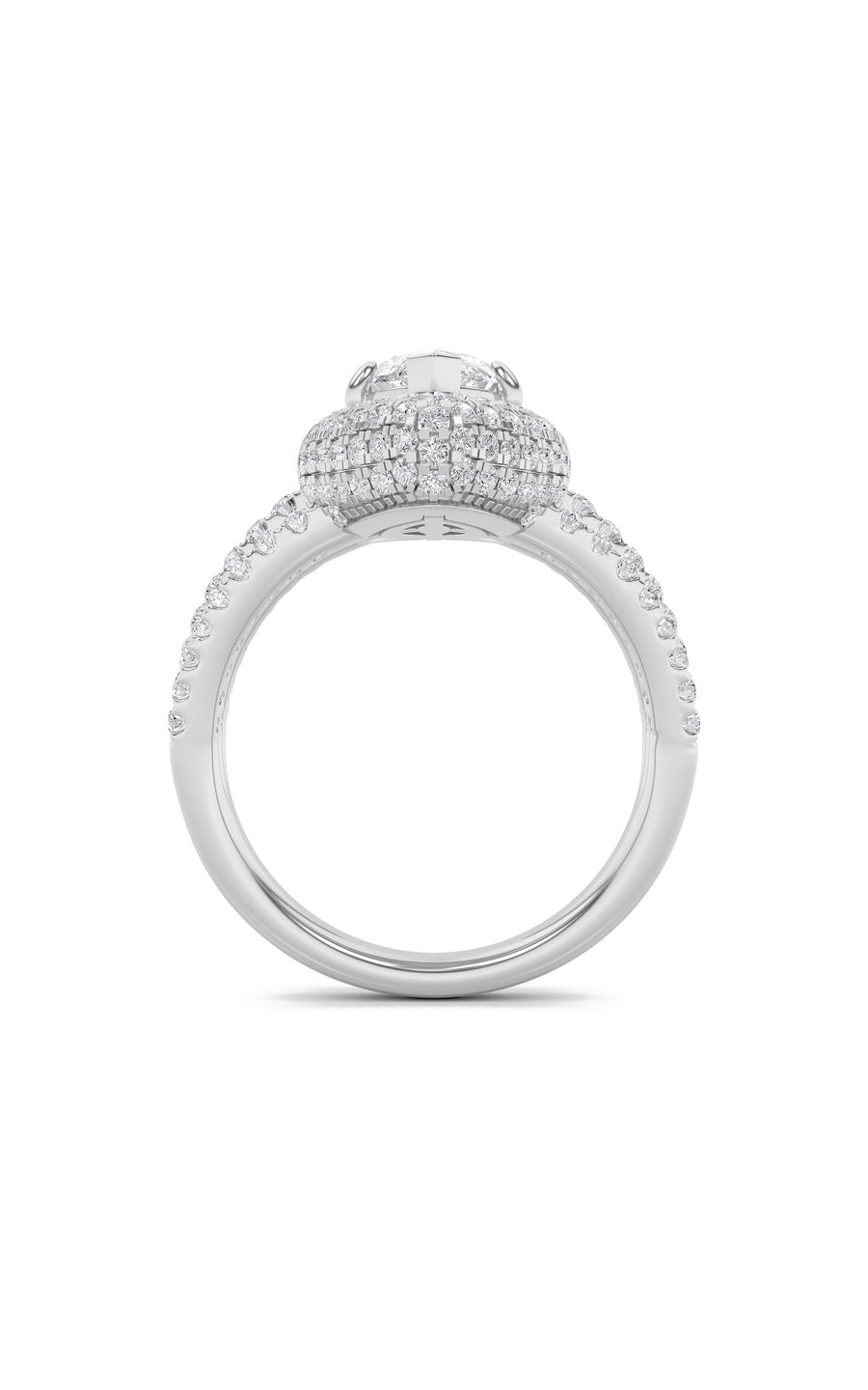 3Cttw Marquise Shaped Lab Grown Diamond (F/VS) Three Row Accented Halo Engagement Ring in 14K Gold