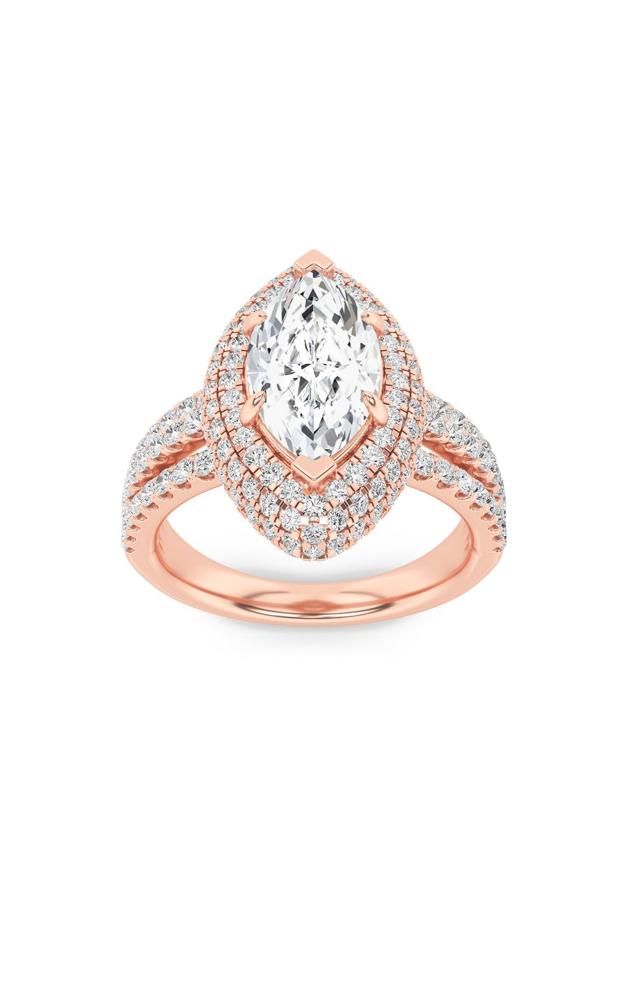 3Cttw Marquise Shaped Lab Grown Diamond (F/VS) Three Row Accented Halo Engagement Ring in 14K Gold
