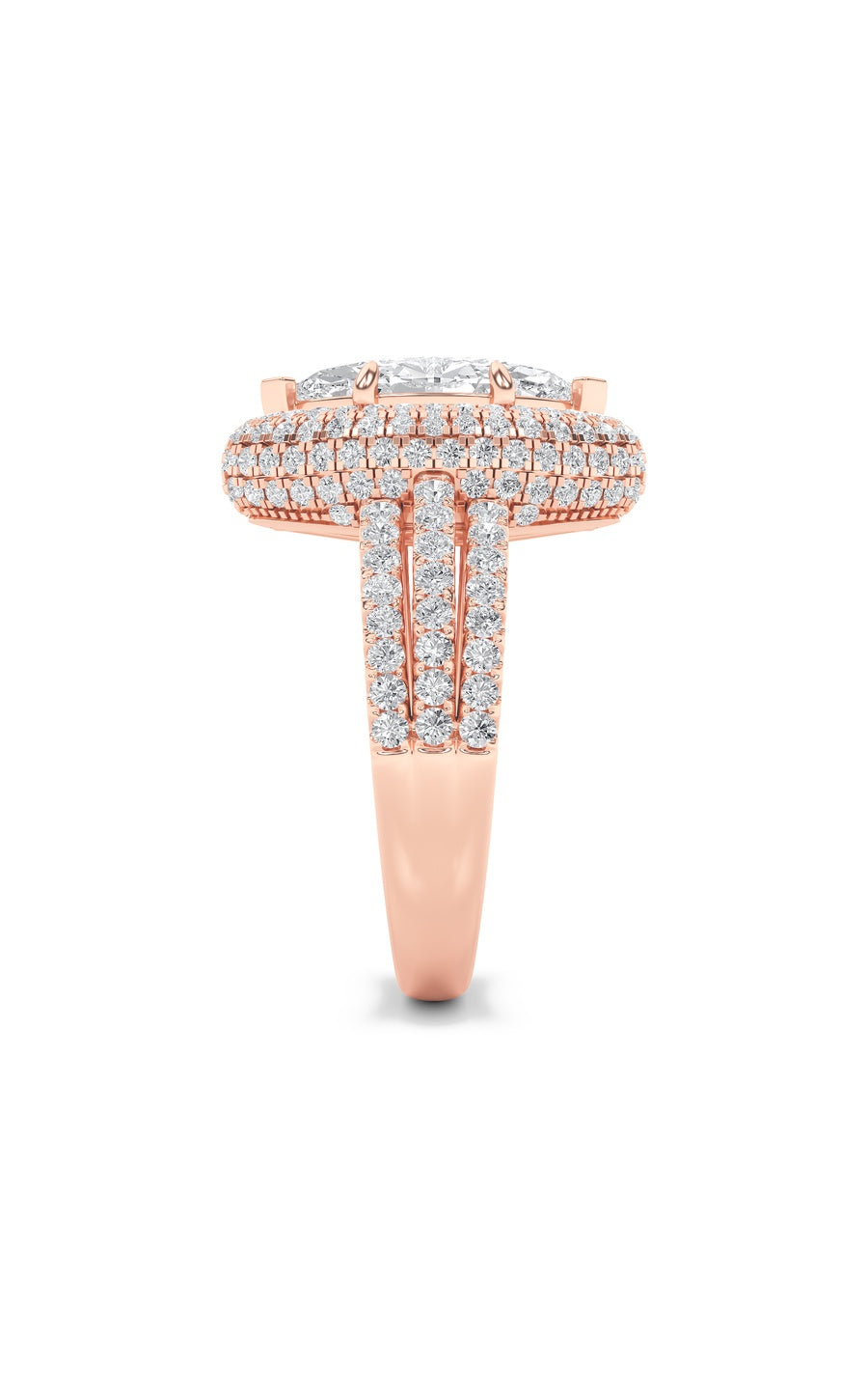 3Cttw Marquise Shaped Lab Grown Diamond (F/VS) Three Row Accented Halo Engagement Ring in 14K Gold