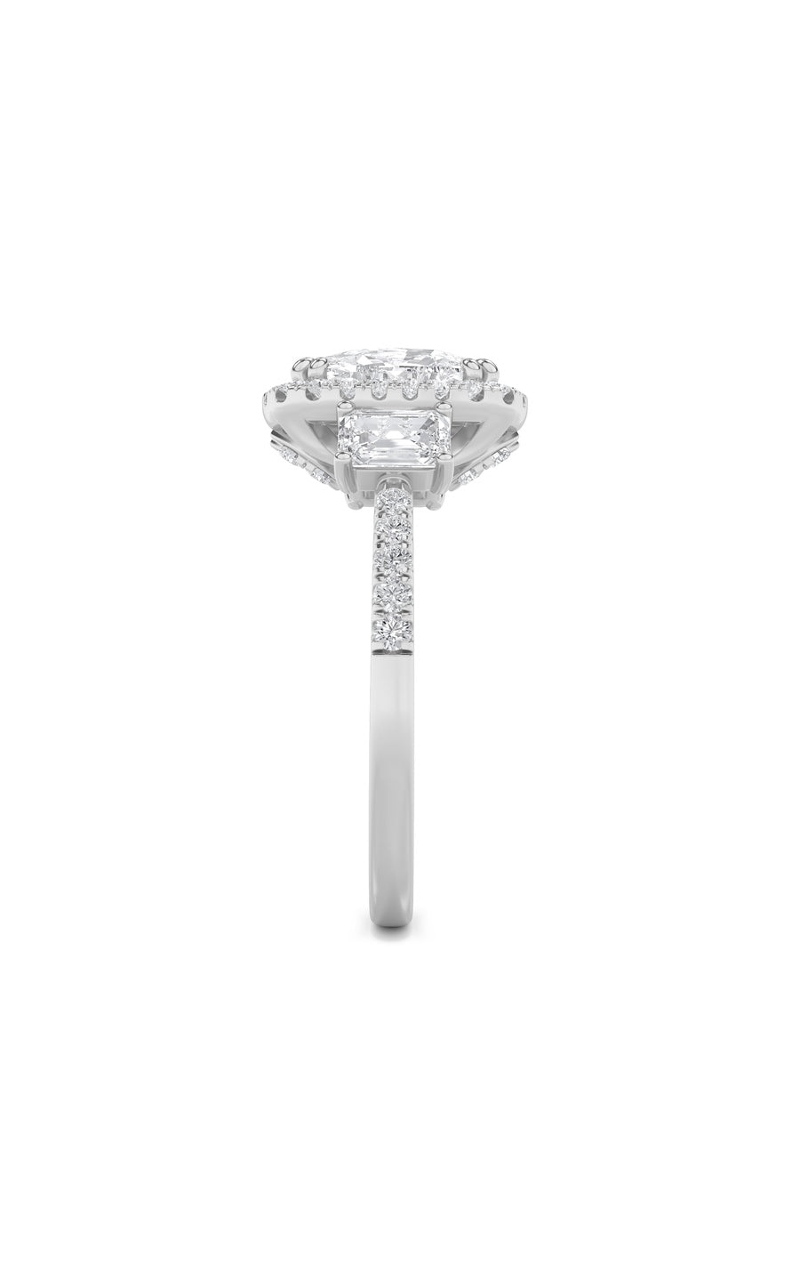 3Cttw Elongated Cushion Shaped Lab Grown Diamond (F/VS) Accented Three Stone Ring in 14K Gold