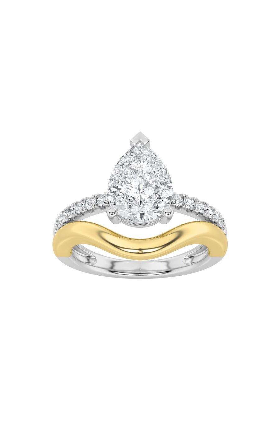 2Cttw Pear Shaped Lab Grown Diamond (F/VS) Two Tone Wave Inspired Engagement Ring in 14K Gold
